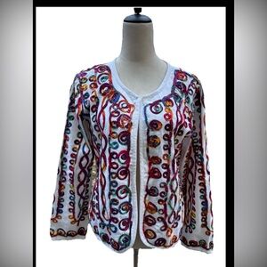Sara Studio Bohemian Open Front Cotton Embroidered Jacket Sz M ART TO WEAR